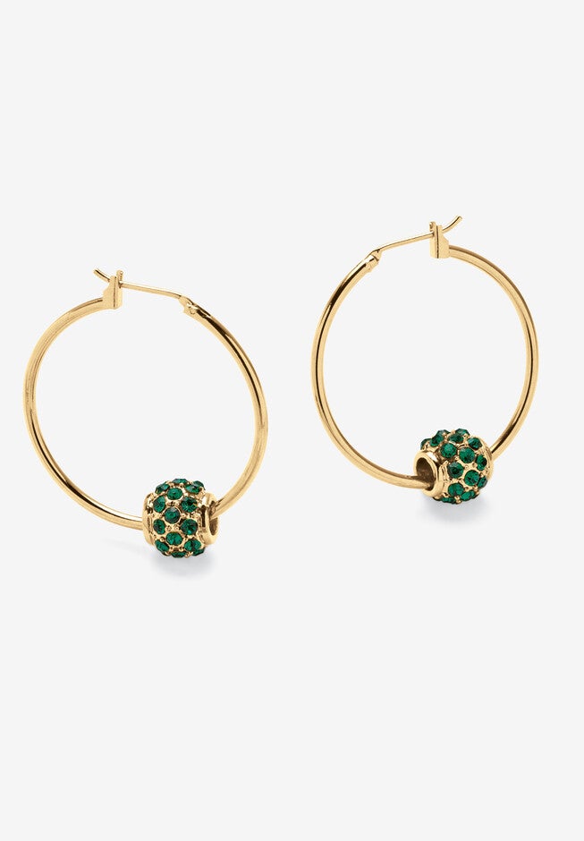 Goldtone Charm Hoop Earrings (32mm) Round Simulated Birthstone, MAY, hi-res image number 0
