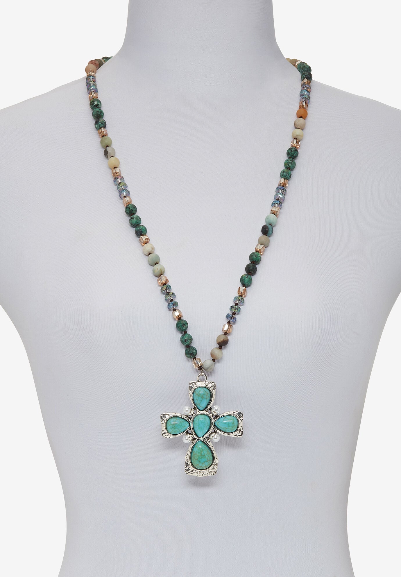 Genuine Jasper, Amazonite And Freshwater Pearl Silvertone Cross Necklace 32 Inch, , alternate image number 3
