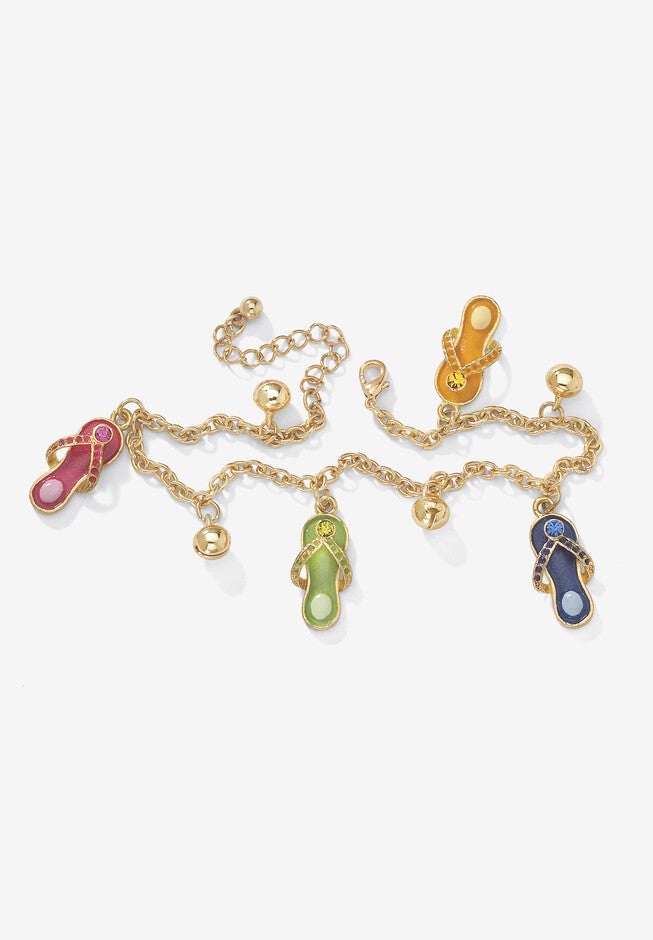 Gold Tone Flip Flop Charm Ankle Bracelet with Crystals 9 inches Plus 1 inches Extender, GOLD, hi-res image number null