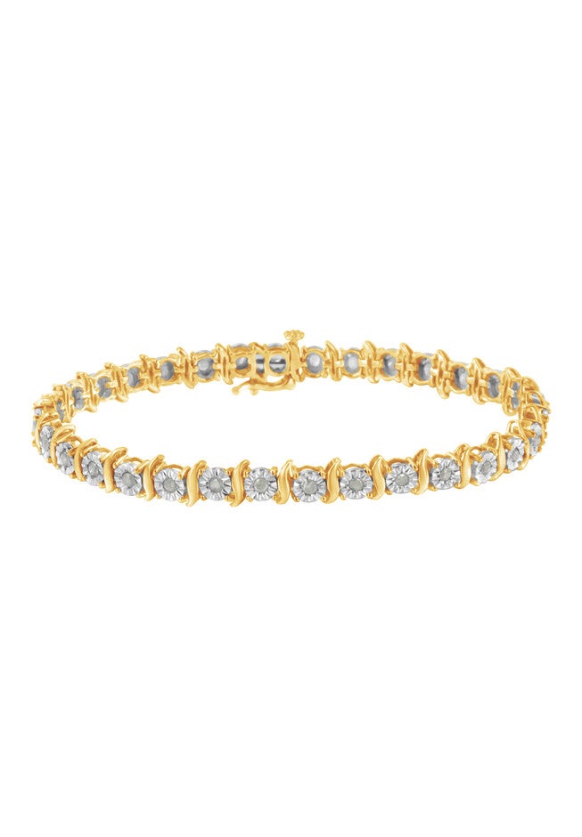 Yellow Gold Over Sterling Silver Diamond Scurve Link Miracleset Tennis Bracelet 7 inches, YELLOW GOLD, hi-res image number null