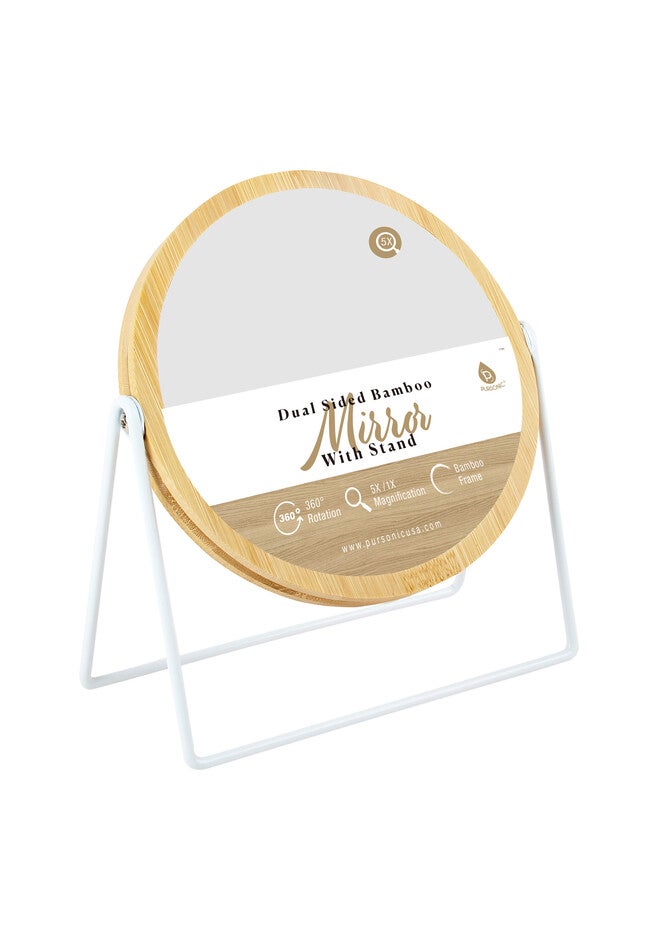 Dual Sided Mirror With Bamboo Frame • 360° Rotation • 5X/ 1X Magnification, , on-hover image number null