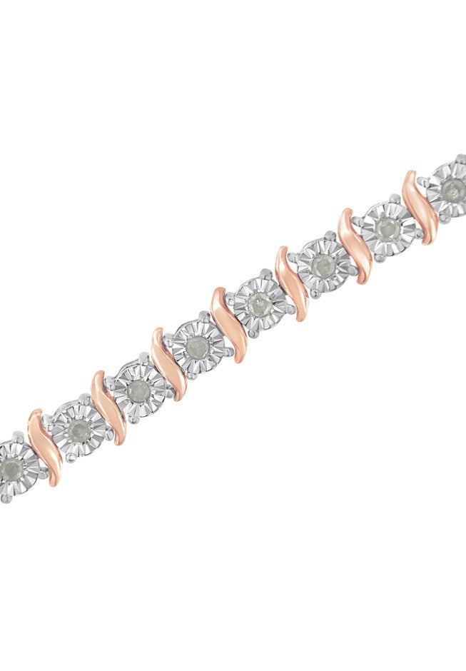 Two Tone Rose Gold Over Sterling Silver Diamond Scurve Link Miracleset Tennis Bracelet 8 inches, , alternate image number null