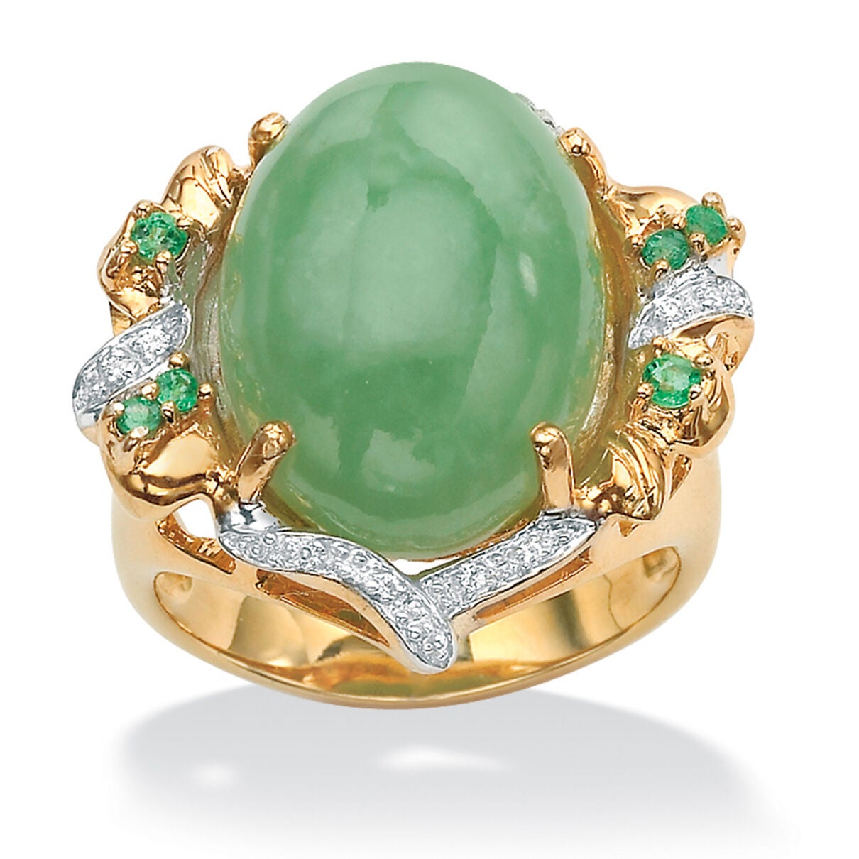 .28 TCW Emerald, CZ and Jade Ring in Gold-Plated .925 Sterling Silver, GREEN, hi-res image number 0