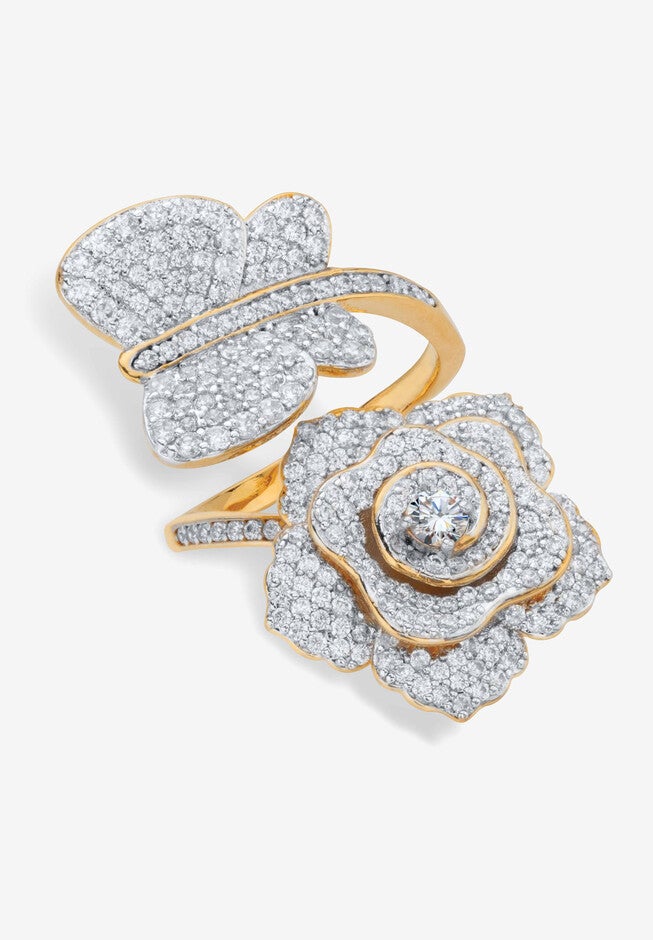 Gold Plated Round Cubic Zirconia Rose And Butterfly Cocktail Wrap Ring, , alternate image number null