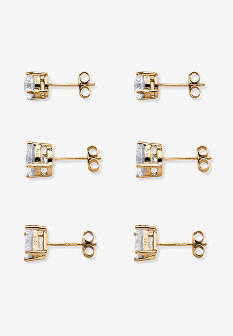Gold Tone 3 Pair Stud Earrings (8x8mm) Cubic Zirconia, , on-hover image number null