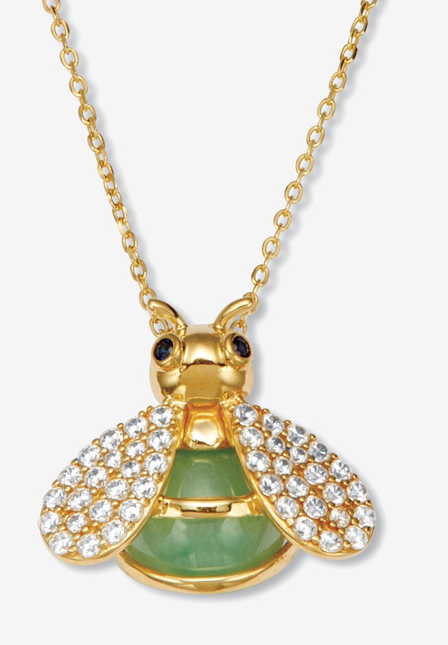 .61 Tcw Cz Genuine Green Jade 18K Gold-Plated Bee Pendant Necklace, 18 Inches, GREEN, hi-res image number 0