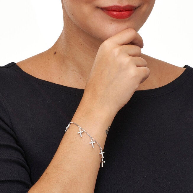 Silver Cross Charm Bangle Bracelet, WHITE, alternate image number 2