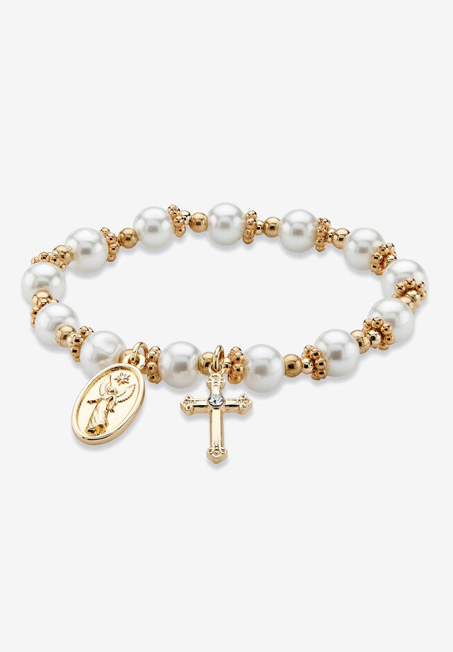 Round Simulated Pearl And Beaded Religious Stretch Bracelet In Goldtone 7 inches Jewelry, PEARL, hi-res image number null