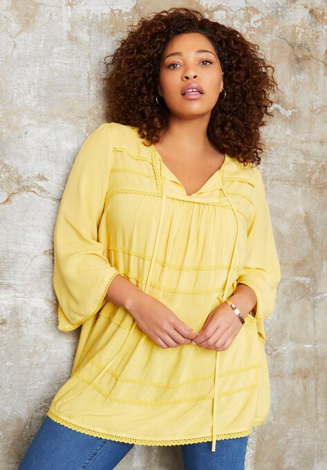 Acid Wash Peasant Blouse, LEMON MIST, hi-res image number null