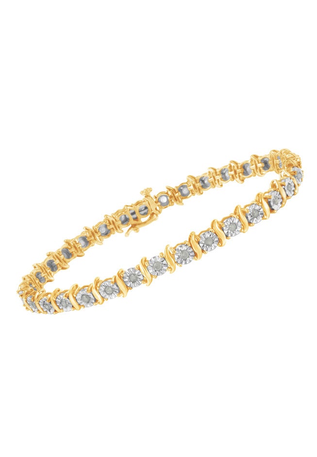 Yellow Gold Over Sterling Silver Diamond Scurve Link Miracleset Tennis Bracelet 7 inches, , alternate image number null