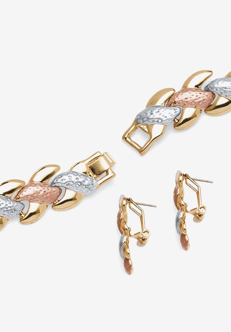Tri Tone Goldtone Rosetone Silvertone Interlocking Link Necklace, Bracelet And Earring Set, 17 Inches Jewelry, , on-hover image number null