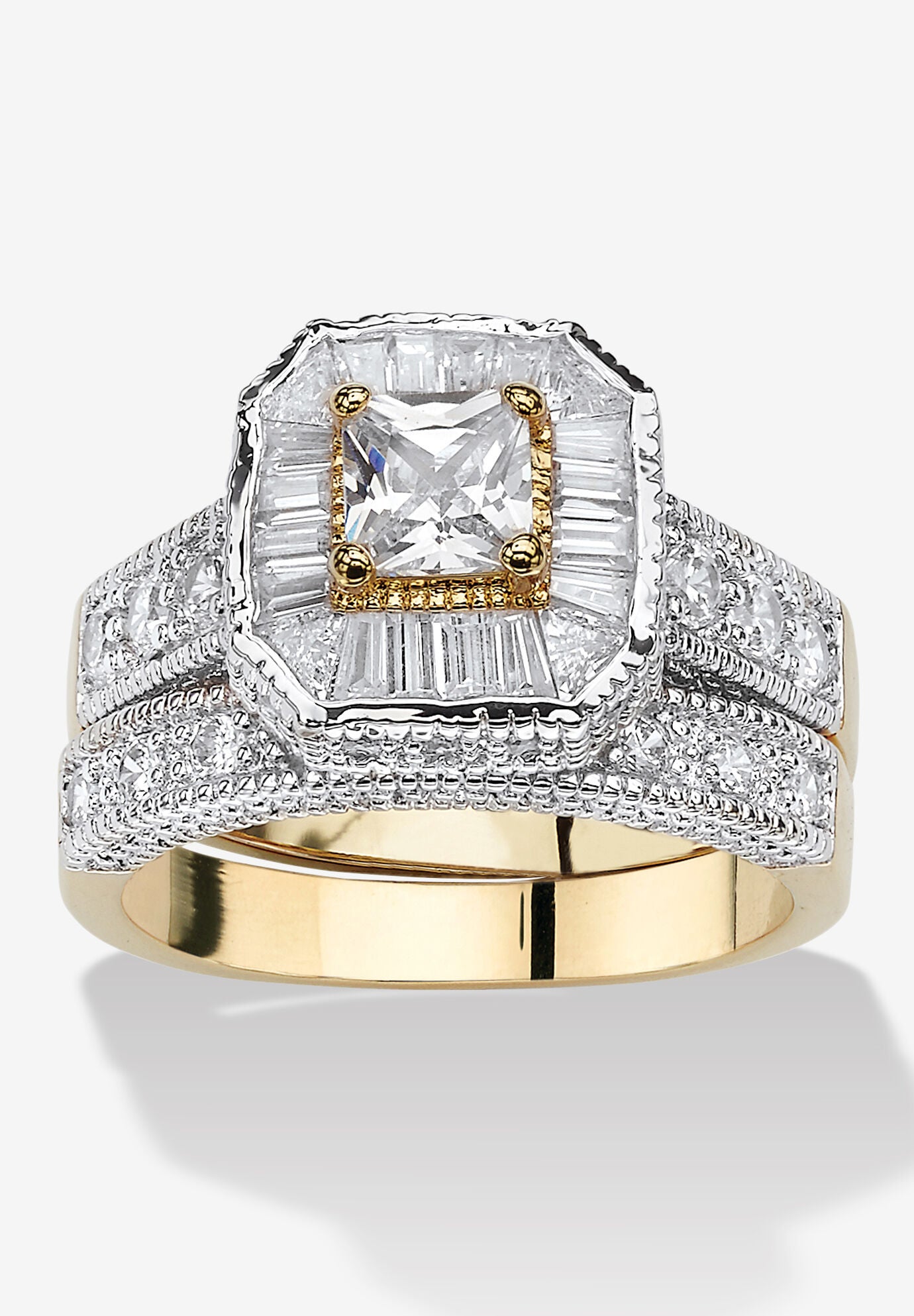 2.35 Tcw Cz Two-Tone Vintage-Style Gold-Plated 2-Piece Bridal Ring Set, BLUE, hi-res image number 0