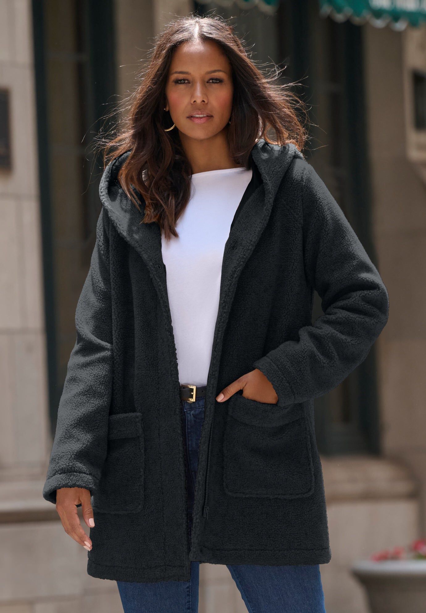 Plus Size Hooded Teddy Fleece Coat, BLACK, hi-res image number 0