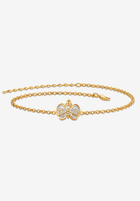 Gold-Plated Filigree Butterfly Two-Tone 9’ Ankle Bracelet 9" Plus Extender, GOLD, hi-res image number null