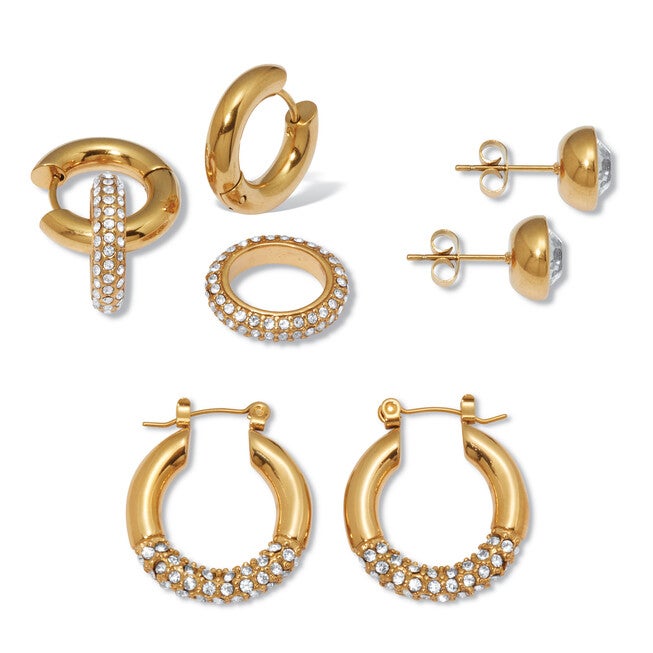 Round Crystal Yellow Gold Ion-Plated Stainless Steel Earrings, 3-Pair Set, WHITE, on-hover image number null
