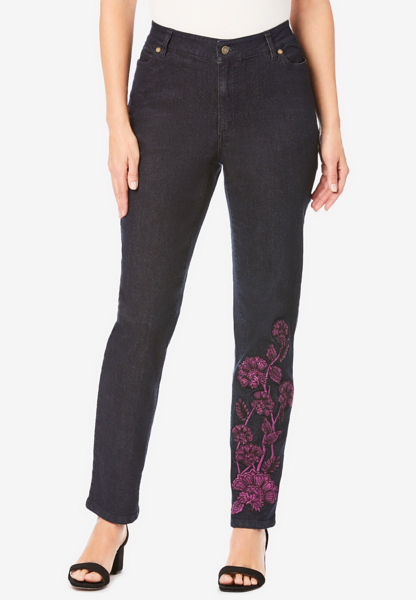 Invisible Stretch&reg; Contour Embroidered Straight-Leg Jean, PURPLE VINE EMBELLISHMENT, hi-res image number 0