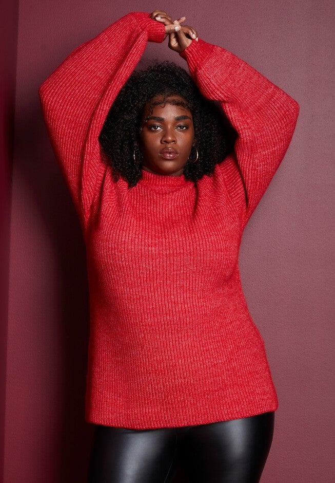 Puff-Sleeve Mockneck Sweater, CHERRY, hi-res image number null