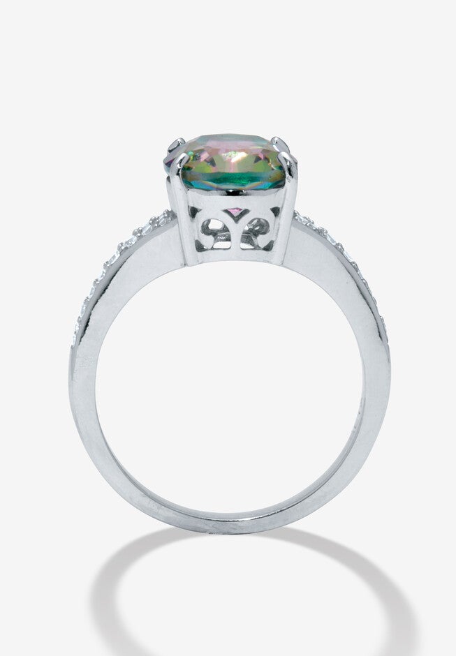 4.70 Tcw Oval Cut Genuine Mystic Fire Topaz And Cz Sterling Silver Ring, , alternate image number null