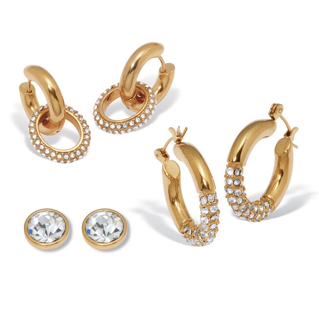 Round Crystal Yellow Gold Ion-Plated Stainless Steel Earrings, 3-Pair Set, WHITE, hi-res image number null