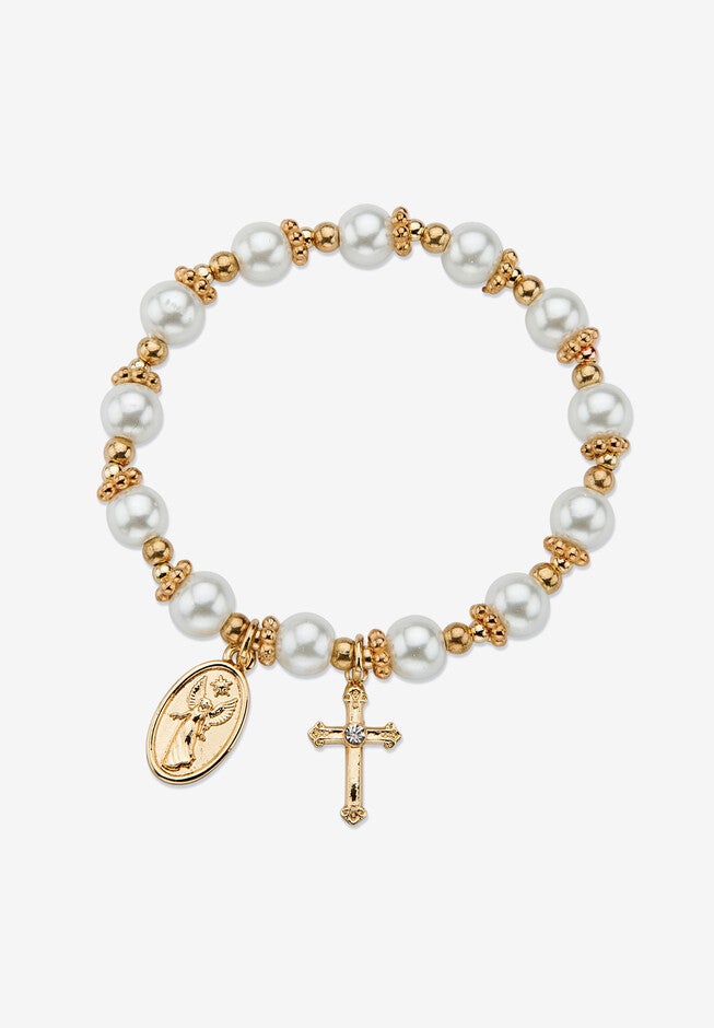 Round Simulated Pearl And Beaded Religious Stretch Bracelet In Goldtone 7 inches Jewelry, , on-hover image number null