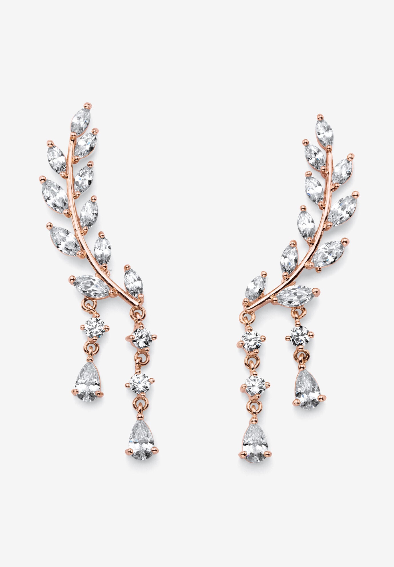 Rose Gold Plated Laurel Leaf Climber Drop Earrings (43x8mm) Marquise Cut Crystal, ROSE GOLD, hi-res image number 0