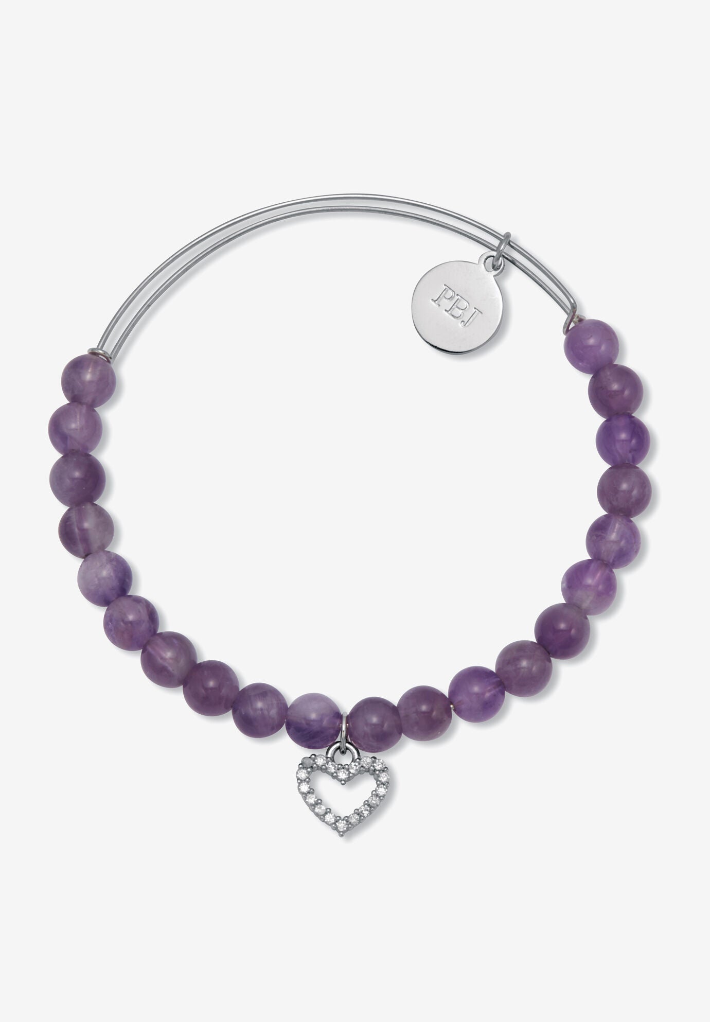 Genuine Purple Amethyst Silvertone Heart Charm Bangle, 7.5 Inches, , on-hover image number 1