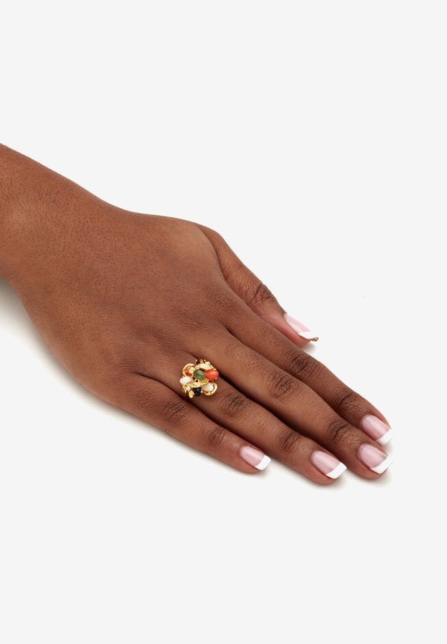 Coral, Opal, Jade, Onyx And Tiger'S-Eye Cluster Ring In Gold-Plated, , alternate image number null