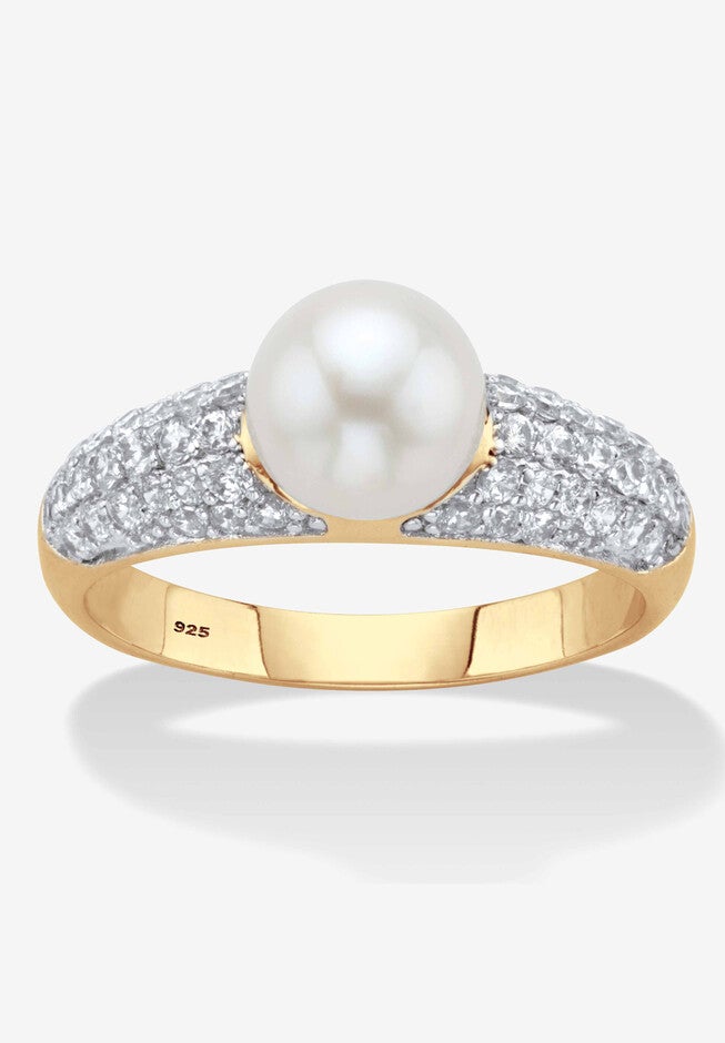Yellow Gold Over Sterling Silver Genuine Round Cultured Freshwater Pearl And Cubic Zirconia Ring (5/8 Cttw), PEARL, hi-res image number null