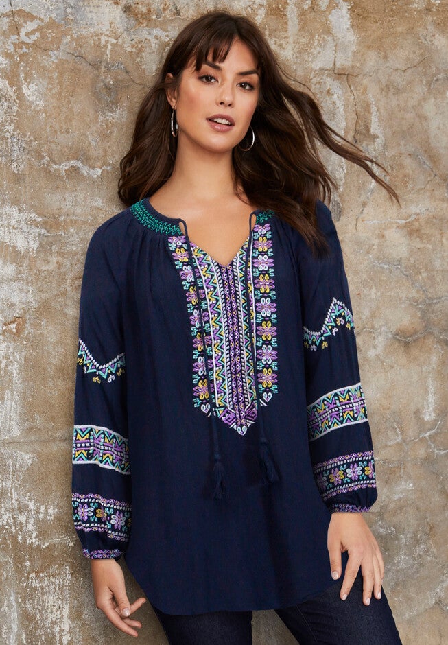 Embroidered Peasant Blouse, NAVY BOHO EMBROIDERY, hi-res image number null