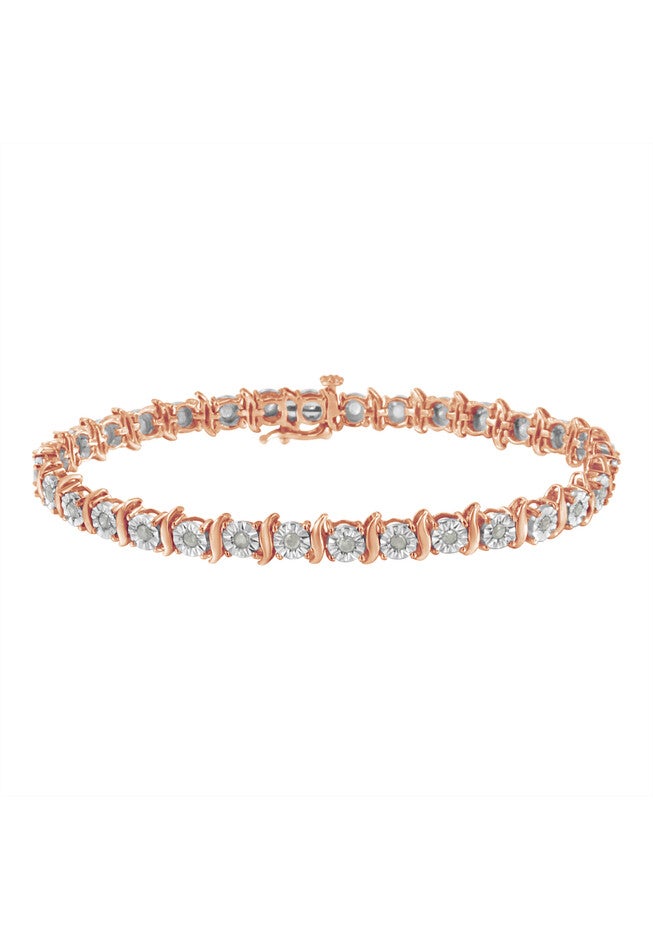 Rose Gold Over Sterling Silver Diamond Scurve Link Miracleset Tennis Bracelet 7 inches, ROSE GOLD, hi-res image number null