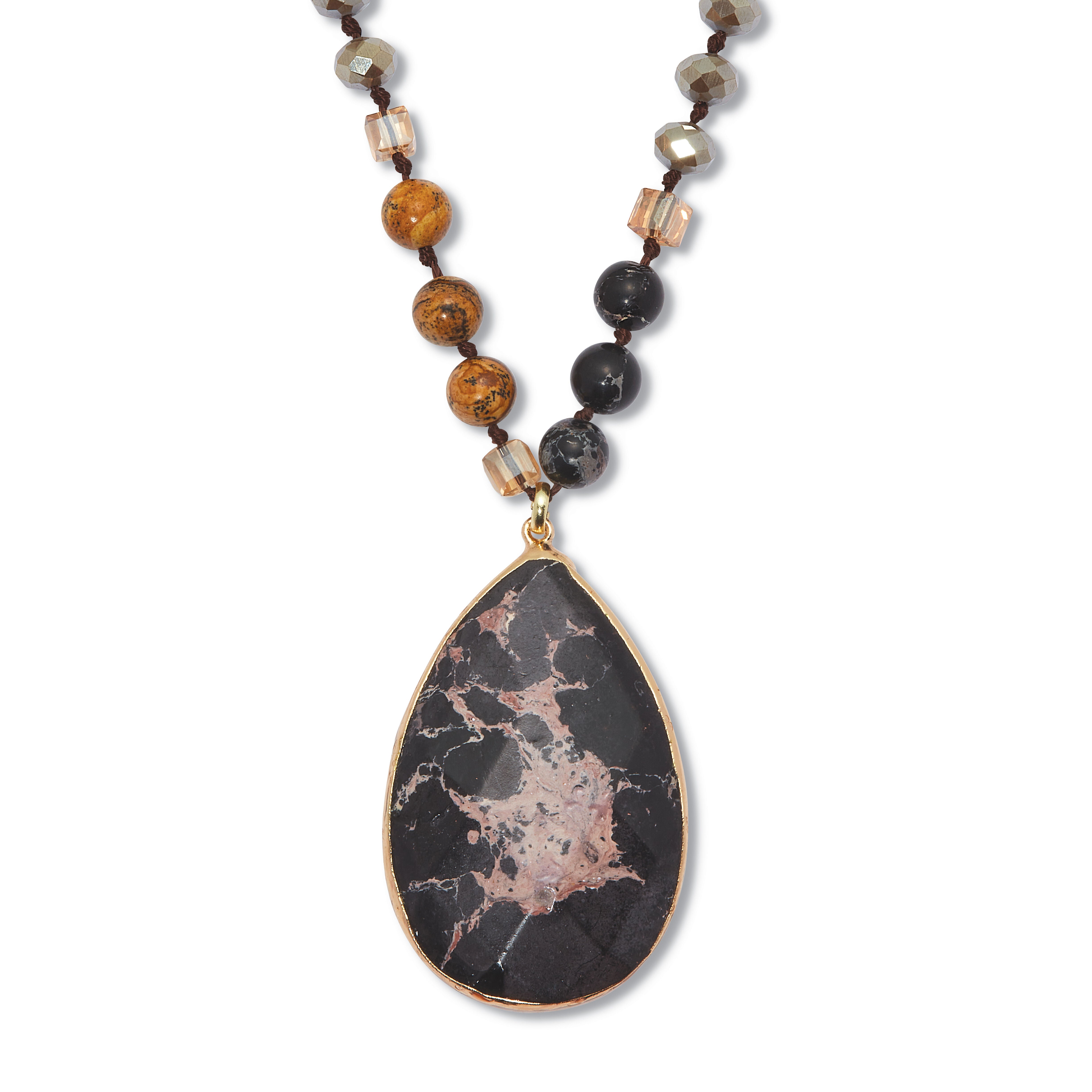 Genuine Black Howlite and Brown Jasper Goldtone Necklace 34-inch, BLACK, hi-res image number 0