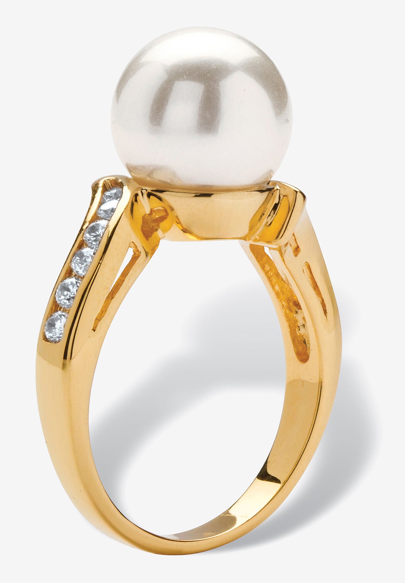 .16 Tcw Round Simulated Pearl Cubic Zirconia Accent Yellow Gold-Plated Ring, , on-hover image number 1