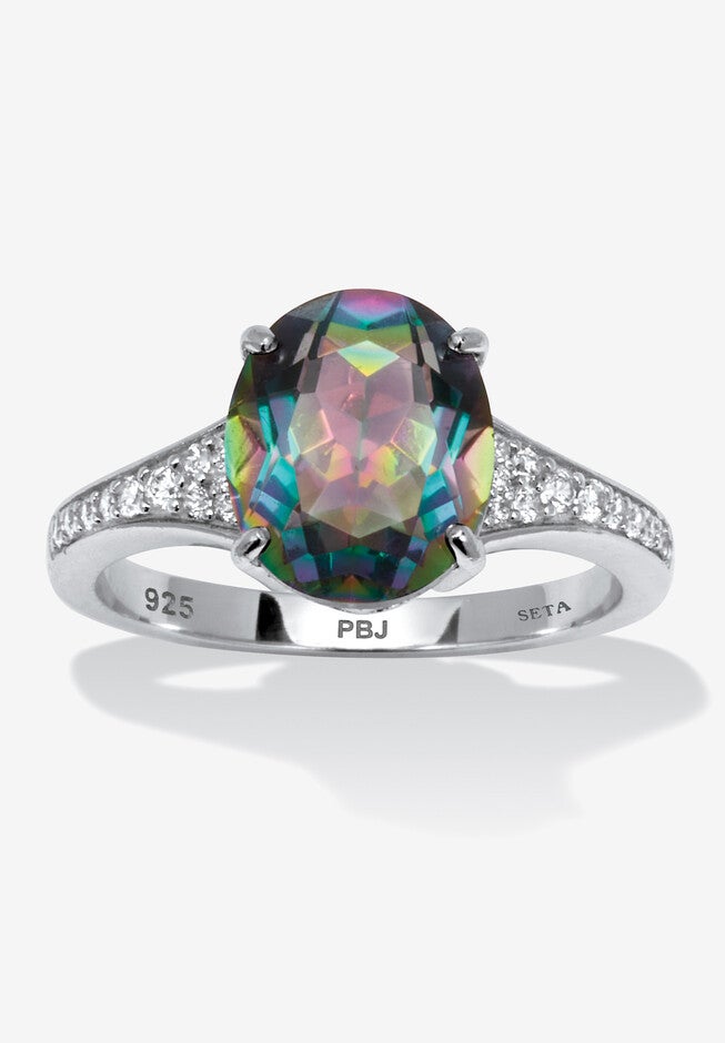 4.70 Tcw Oval Cut Genuine Mystic Fire Topaz And Cz Sterling Silver Ring, TOPAZ, hi-res image number null