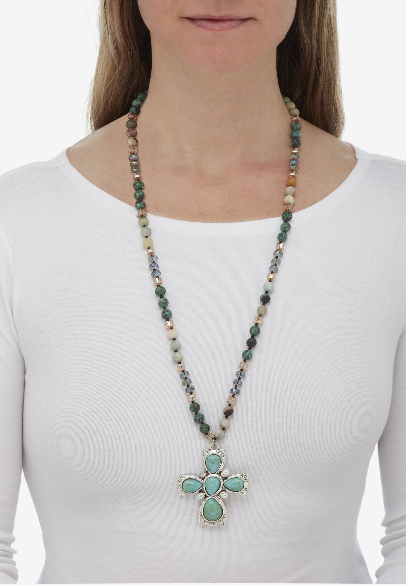 Genuine Jasper, Amazonite And Freshwater Pearl Silvertone Cross Necklace 32 Inch, , alternate image number 2