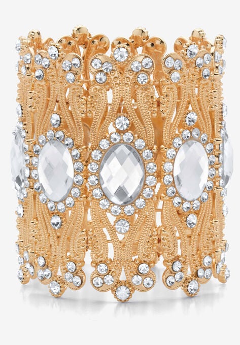 Goldtone Oval-Cut and Round Crystal Stretch Wide Cuff Bracelet, GOLD, hi-res image number null