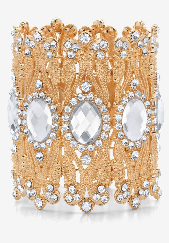 Goldtone Oval-Cut and Round Crystal Stretch Wide Cuff Bracelet, GOLD, hi-res image number null