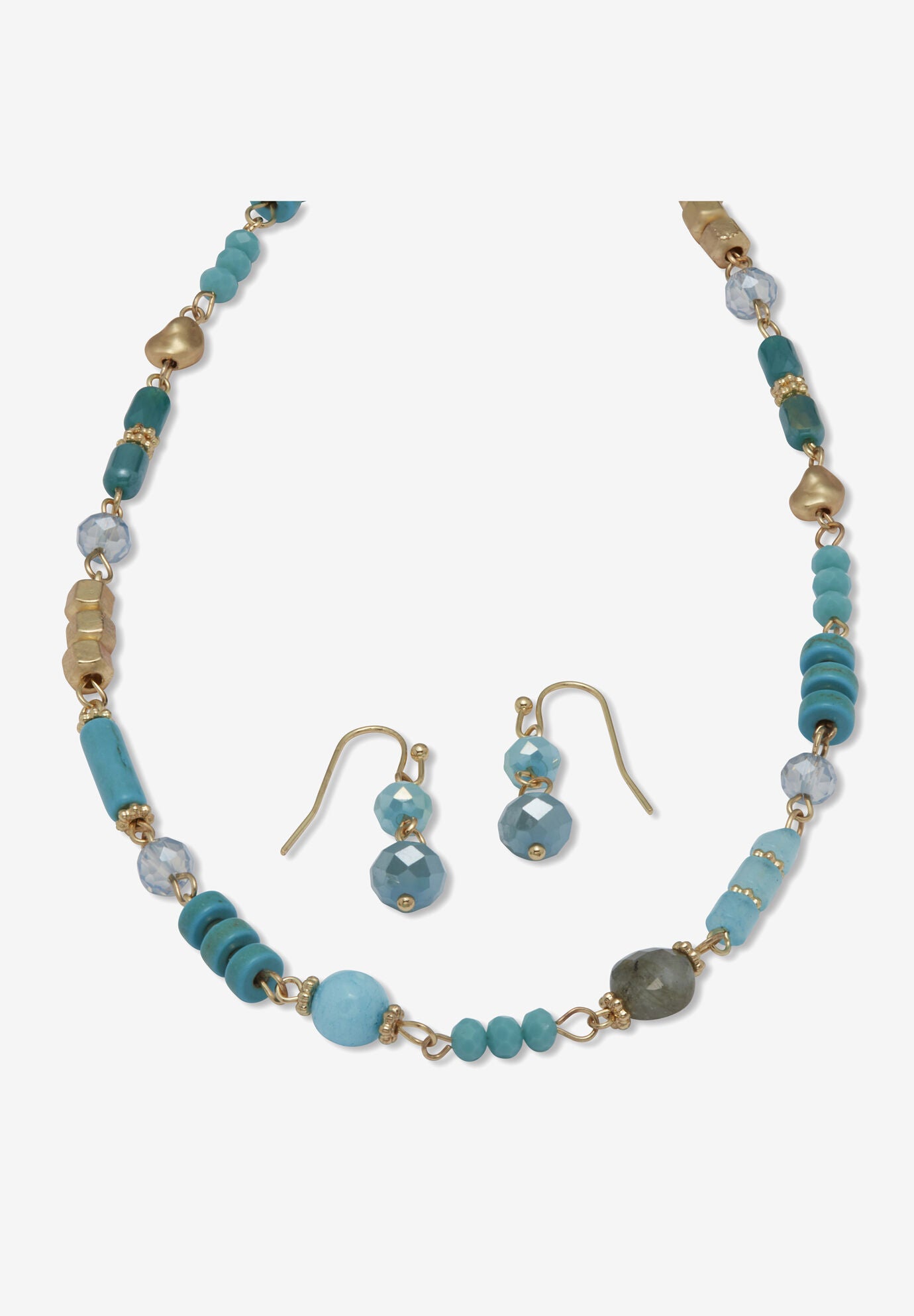 Round Genuine Turquoise Hammered Goldtone Endless Necklace, 36 Inches, BLUE, hi-res image number 0