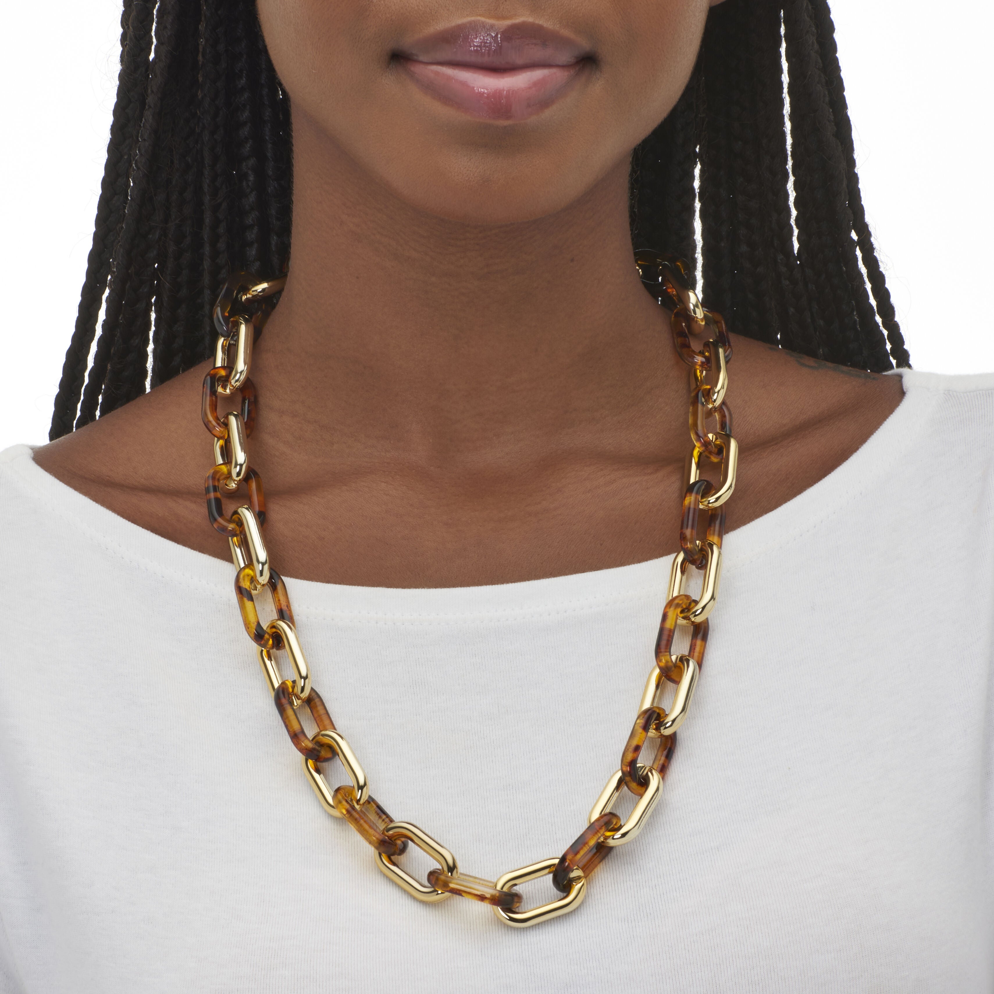 Acrylic Link Necklace Black and Gold Ion-Plated Stainless Steel Earrings Set, GOLD TORTOISESHELL, alternate image number 2