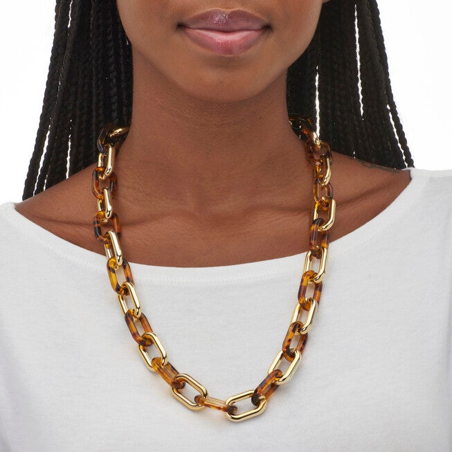 Acrylic Link Necklace Black and Gold Ion-Plated Stainless Steel Earrings Set, GOLD TORTOISESHELL, alternate image number 2