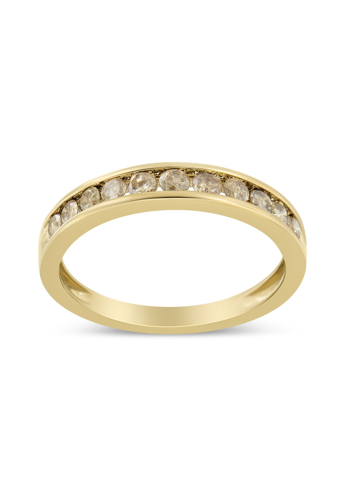 Yellow Gold Plated Sterling Silver Channel Set Round Champagne Diamond 11 Stone Band Ring, WHITE, hi-res image number 0