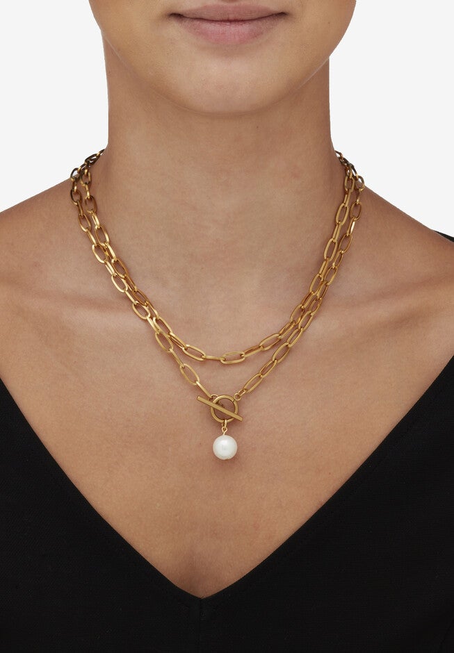 Simulated Pearl Gold Ion-Plated Stainless Steel Paperclip Necklace Set 18 Inch, , alternate image number null