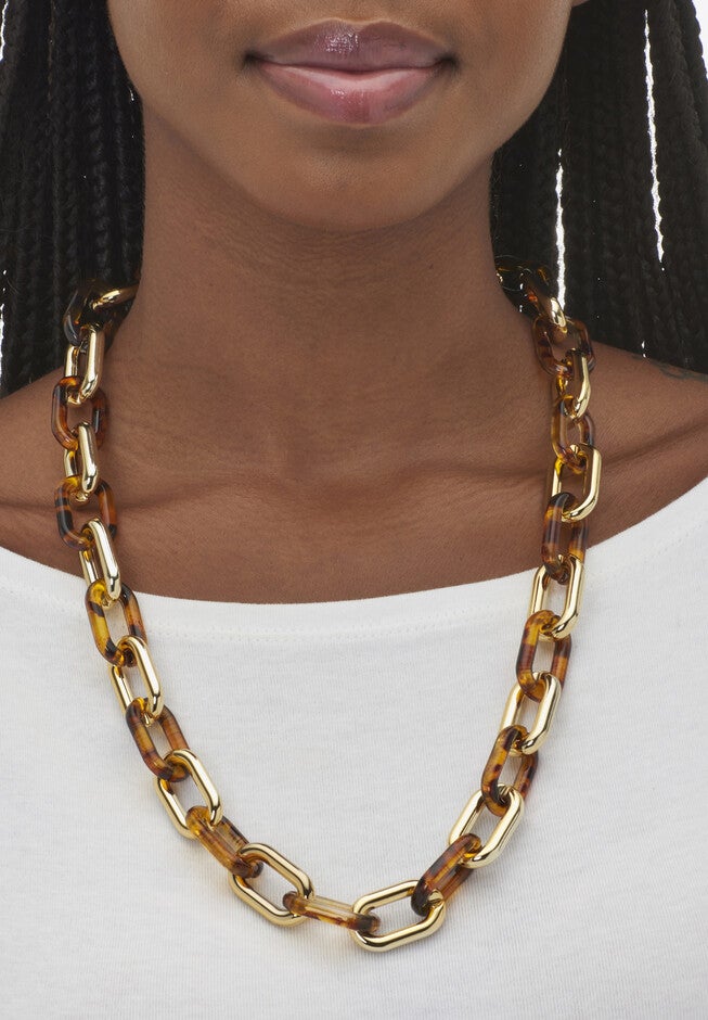 Acrylic Link Necklace Black and Gold Ion-Plated Stainless Steel Earrings Set, , alternate image number 7