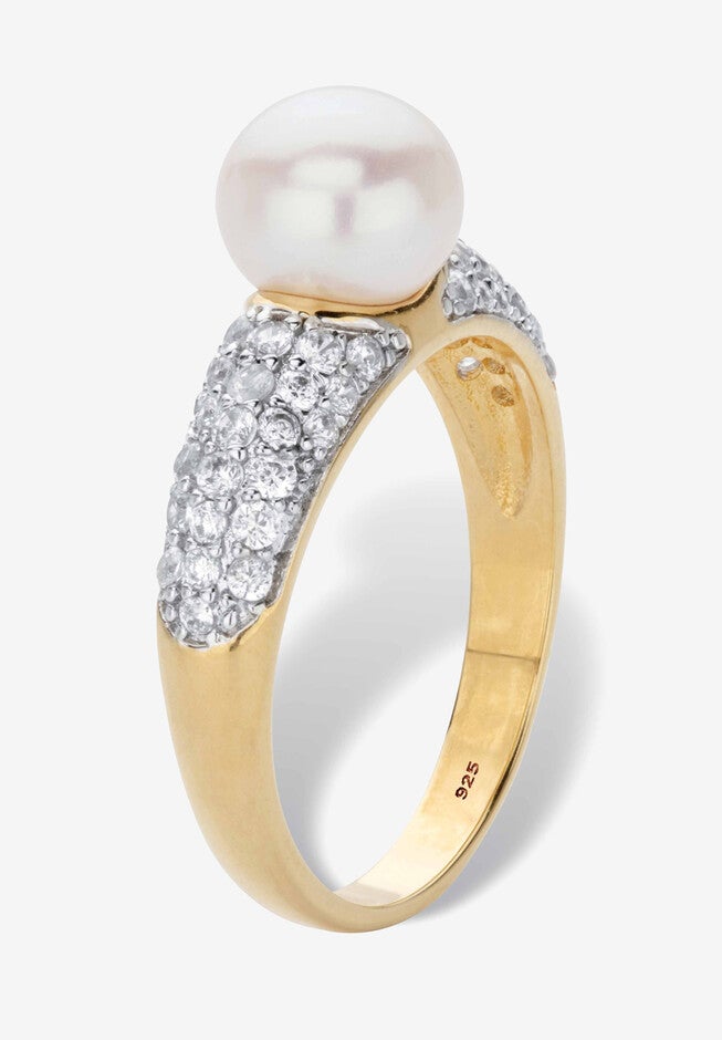 Yellow Gold Over Sterling Silver Genuine Round Cultured Freshwater Pearl And Cubic Zirconia Ring (5/8 Cttw), , on-hover image number null