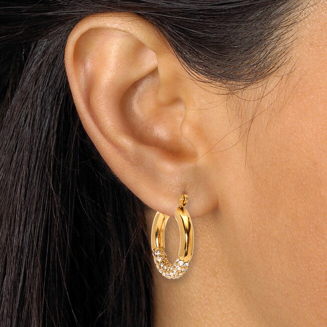 Round Crystal Yellow Gold Ion-Plated Stainless Steel Earrings, 3-Pair Set, WHITE, alternate image number null