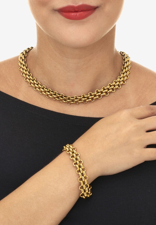 Yellow Gold Ion-Plated Stainless Steel Fancy Link Necklace Set 18-inch, , alternate image number null
