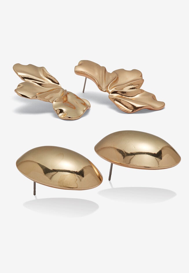 Goldtone Sculptural Floral Drop Earrings And Dome Earrings Set, , on-hover image number null