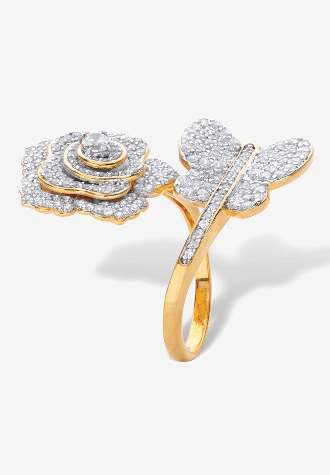 Gold Plated Round Cubic Zirconia Rose And Butterfly Cocktail Wrap Ring, , on-hover image number null