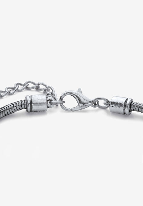 Silvertone Round Black Crystal Antiqued Elephant Charm Bracelet, , on-hover image number null