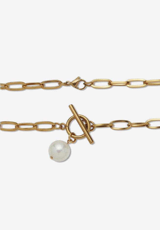Simulated Pearl Gold Ion-Plated Stainless Steel Paperclip Necklace Set 18 Inch, , on-hover image number null