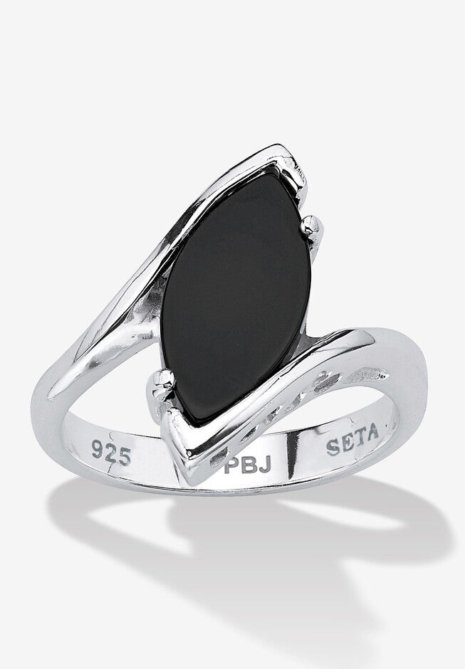 Marquise-Shaped Genuine Onyx .925 Sterling Silver Classic Ring, BLACK, hi-res image number null